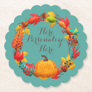 Herfst pompoen herfstbladkrans blauwgroen sinaasap kartonnen onderzetters