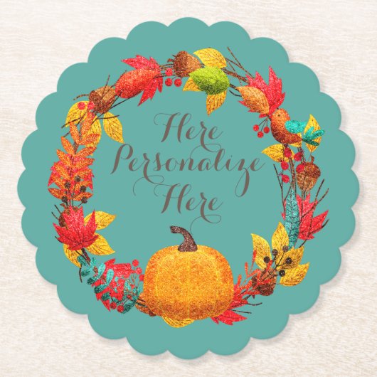 Herfst pompoen herfstbladkrans blauwgroen sinaasap kartonnen onderzetters (Voorkant)