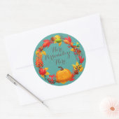 Herfst pompoen herfstbladkrans blauwgroen sinaasap ronde sticker (Envelop)