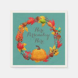 Herfst pompoen herfstbladkrans blauwgroen sinaasap servet