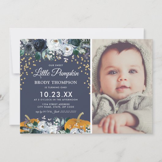 Herfst pompoen jongen 1e verjaardagsfeestje kaart (Voorkant)