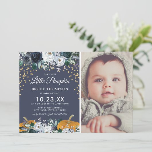 Herfst pompoen jongen 1e verjaardagsfeestje kaart (Staand voorkant)