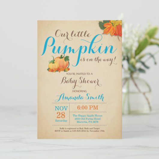 Herfst pompoen jongen Baby shower uitnodiging (Staand voorkant)