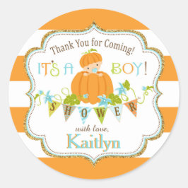 Herfst pompoen jongen gouden glitter Baby shower Ronde Sticker