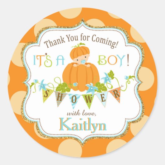 Herfst pompoen jongen gouden glitter Baby shower Ronde Sticker (Voorkant)