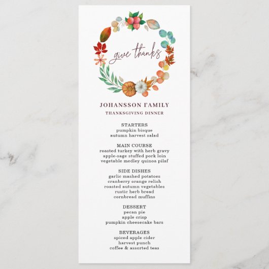 HERFST POMPOEN KRANS THANKSGIVING DINER MENU (Voorkant)