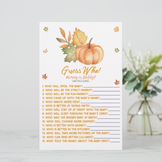 Herfst pompoen laat raden wie! Baby shower spel Briefpapier (Staand voorkant)