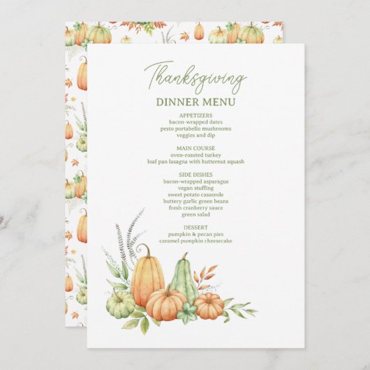 Herfst pompoen laat rustieke Thanksgiving diner Menu (Voorkant / Achterkant)