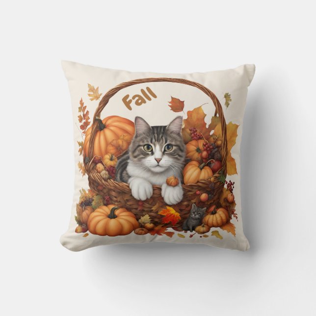 Herfst Pompoen Mand met Schattigee Katten Kussen (Voorkant)