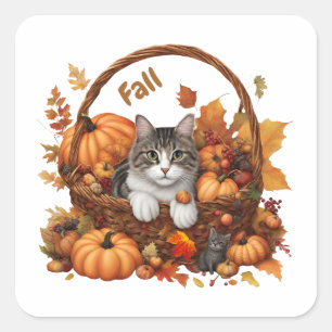 Herfst Pompoen Mand met Schattigee Katten Vierkante Sticker