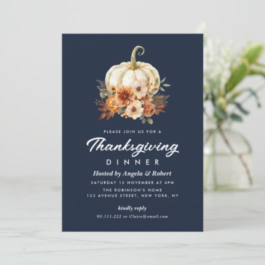 herfst pompoen marineblauwe thanksgiving diner kaart (Staand voorkant)
