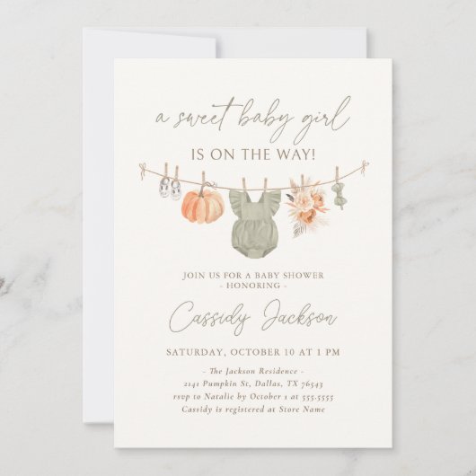 Herfst Pompoen Meisje Babykleding Baby shower Kaart (Voorkant)