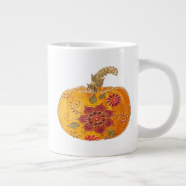 Herfst pompoen met bloemen grote koffiekop