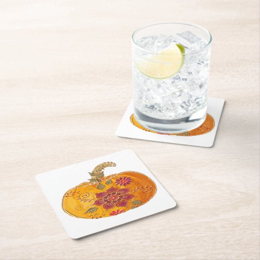 Herfst pompoen met bloemen kartonnen onderzetters (Insitu)