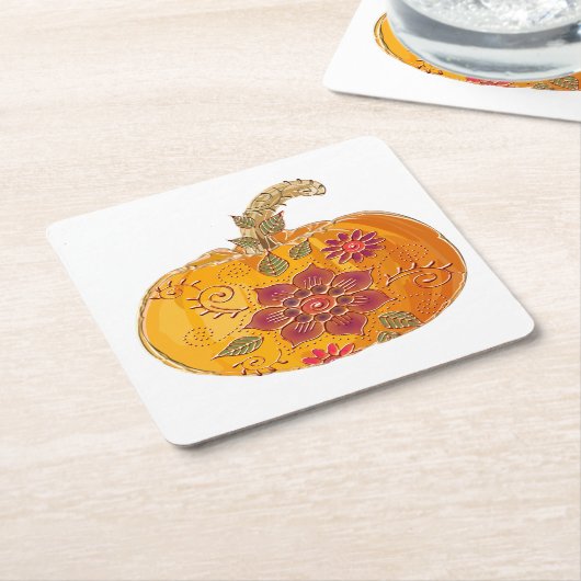 Herfst pompoen met bloemen kartonnen onderzetters (Schuin)