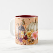 Herfst pompoen middelpunt tweekleurige koffiemok (Voorkant links)