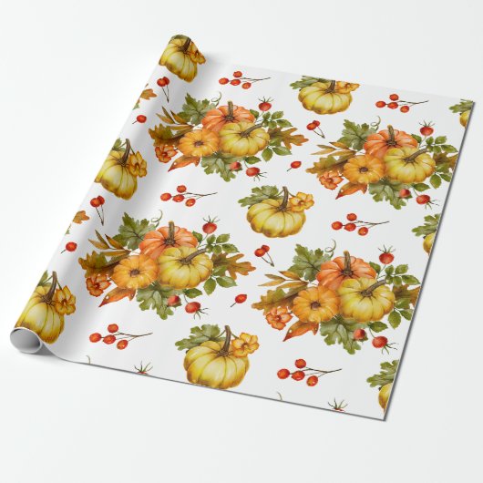 Herfst Pompoen Oogst, Rode Bessen en Bladeren Cadeaupapier (Uitgerold)