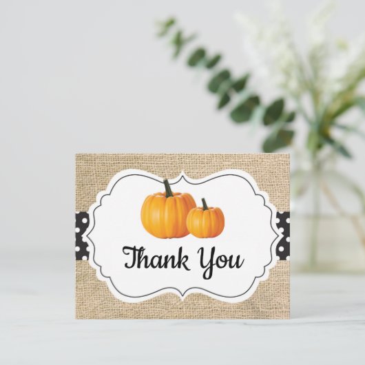 Herfst Pompoen Oranje Zwart en Wit Jute Bedankkaart (Staand voorkant)