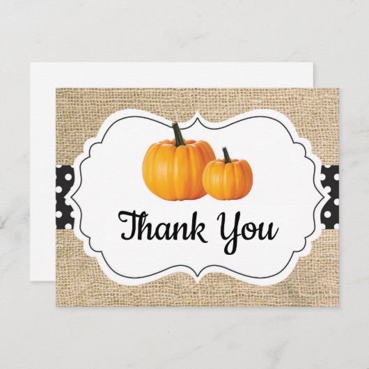Herfst Pompoen Oranje Zwart en Wit Jute Bedankkaart (Voorkant / Achterkant)