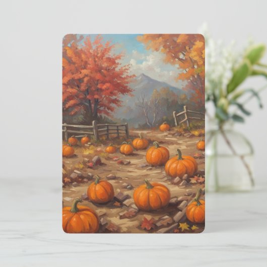 Herfst pompoen patch herfst bladeren rustiek schil feestdagenkaart (Staand voorkant)