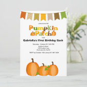 Herfst pompoen plukken eerste verjaardagsfeestje kaart (Staand voorkant)