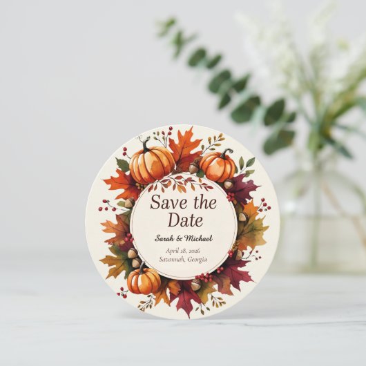 Herfst Pompoen Ronde 'Save the Date' Kaart met Rus (Staand voorkant)