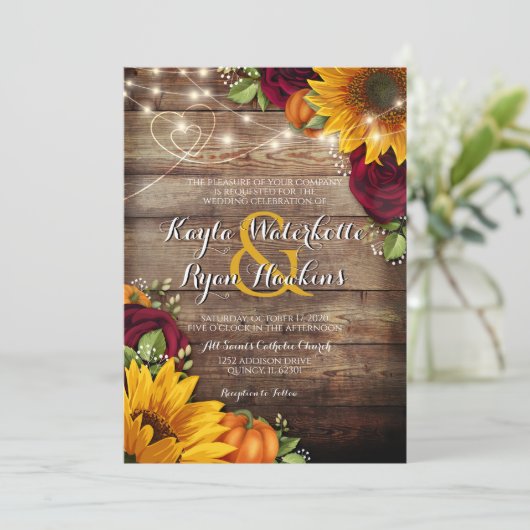 Herfst Pompoen Roos Rustieke Houten Lichten Uitnod Kaart (Staand voorkant)