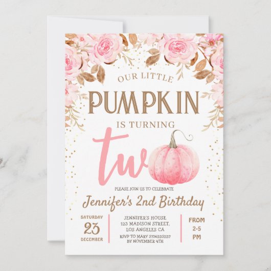 Herfst Pompoen Roze & Goud Meisje Bloemen 2e Verja Kaart (Voorkant)