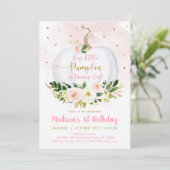 Herfst pompoen roze gouden meisje eerste verjaarda kaart (Staand voorkant)