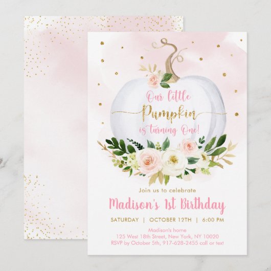 Herfst pompoen roze gouden meisje eerste verjaarda kaart (Voorkant / Achterkant)