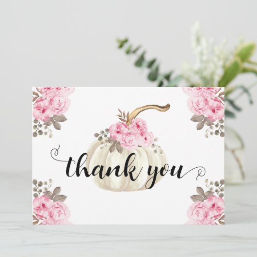 Herfst Pompoen Roze Waterverf Bloemen Dank u Bedankkaart (Staand voorkant)