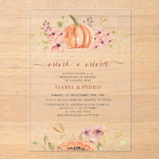Herfst Pompoen Rustiek Boho Spaans Geslacht Onthul Acryl Uitnodigingen (Voorkant)