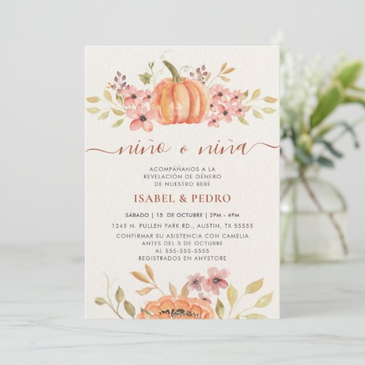 Herfst Pompoen Rustiek Boho Spaans Geslacht Onthul Kaart (Staand voorkant)