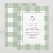 Herfst Pompoen Sage Gingham 1e Verjaardagsuitnodig Kaart (Voorkant / Achterkant)