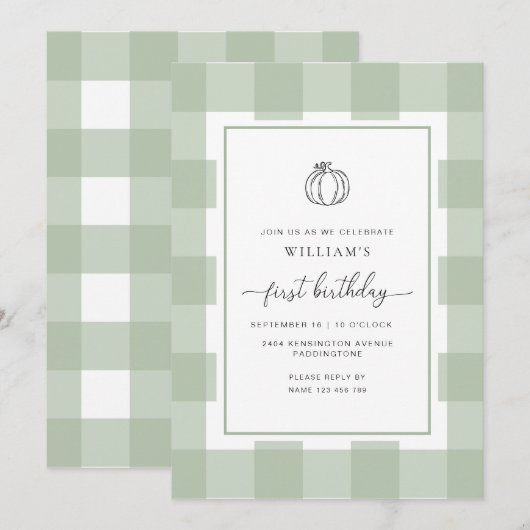 Herfst Pompoen Sage Gingham 1e Verjaardagsuitnodig Kaart (Voorkant / Achterkant)