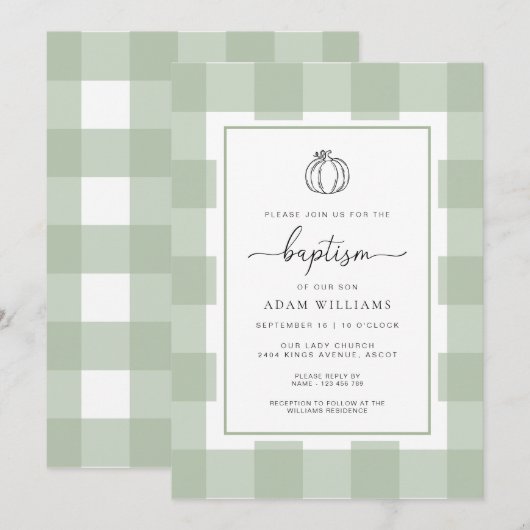 Herfst pompoen sage groen gingham doop kaart (Voorkant / Achterkant)