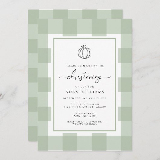Herfst pompoen sage groen gingham doopsel kaart (Voorkant / Achterkant)
