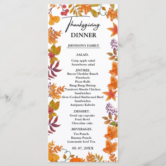 Herfst Pompoen Thanksgiving diner Menu