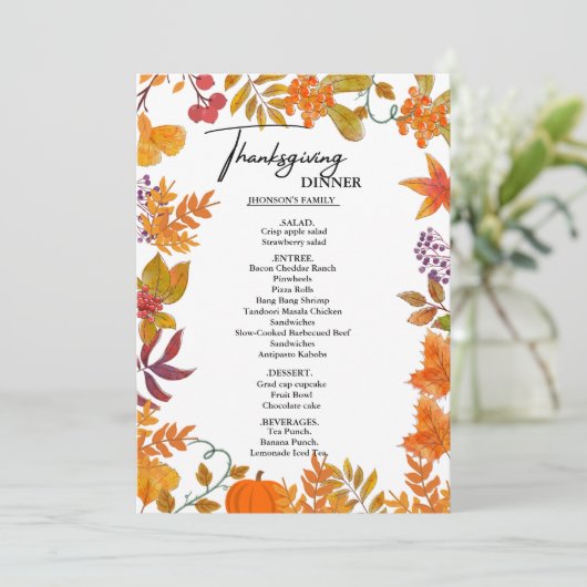 Herfst Pompoen Thanksgiving Diner Menu (Staand voorkant)