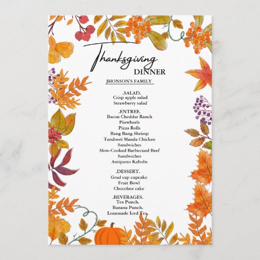 Herfst Pompoen Thanksgiving Diner Menu (Voorkant)