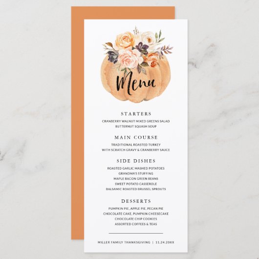 Herfst Pompoen Thanksgiving Diner Menu (Voorkant / Achterkant)
