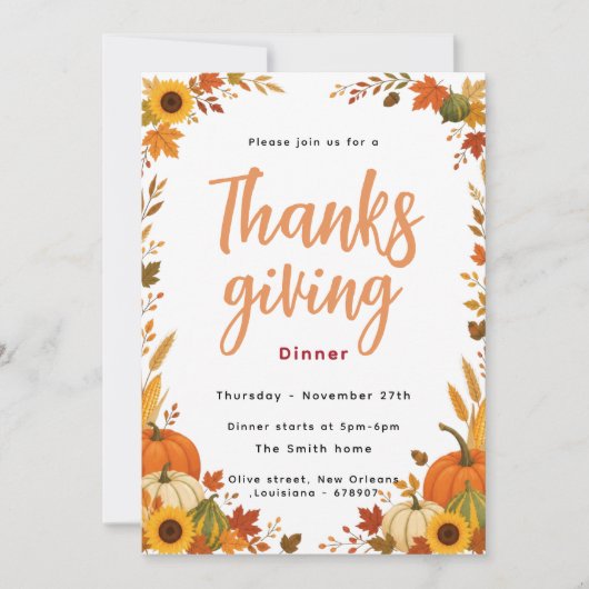Herfst Pompoen Thanksgiving Diner Uitnodiging (Voorkant)