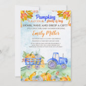 Herfst pompoen tractor blauw baby shower uitnodigi kaart (Voorkant)