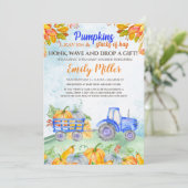 Herfst pompoen tractor blauw baby shower uitnodigi kaart (Staand voorkant)