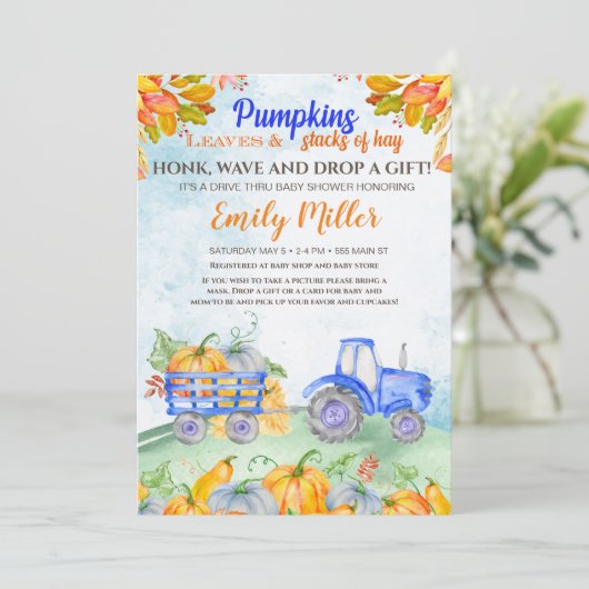 Herfst pompoen tractor blauw baby shower uitnodigi kaart (Staand voorkant)
