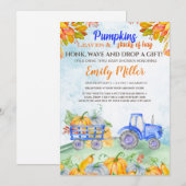 Herfst pompoen tractor blauw baby shower uitnodigi kaart (Voorkant / Achterkant)