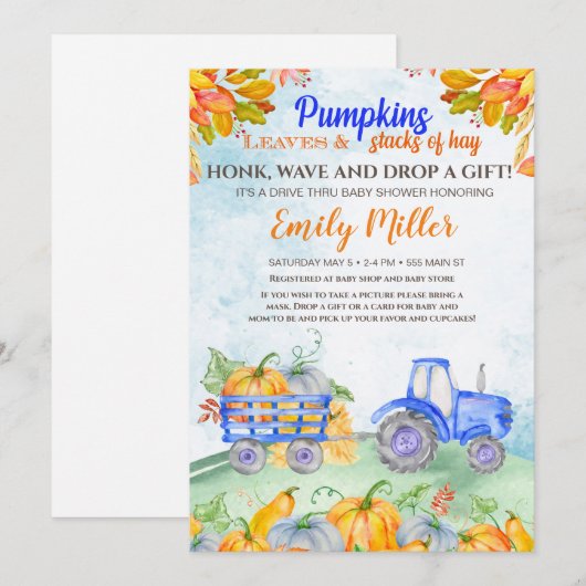Herfst pompoen tractor blauw baby shower uitnodigi kaart (Voorkant / Achterkant)