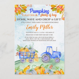 Herfst pompoen tractor blauw baby shower uitnodigi kaart