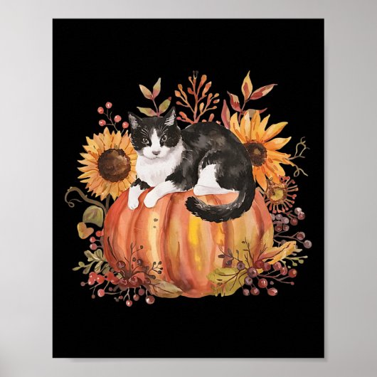 Herfst Pompoen Tuxedo Cat Zonnebloem Thanksgiving  Poster (Voorkant)