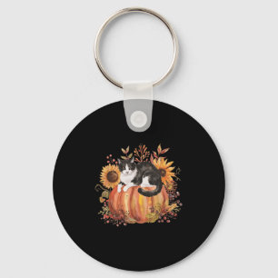 Herfst Pompoen Tuxedo Cat Zonnebloem Thanksgiving Sleutelhanger